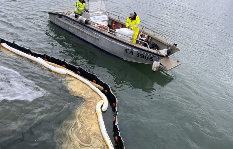 Lamor LC 6500 oil spill response boat during hydraulic oil recovery operation in the Port of Oristano